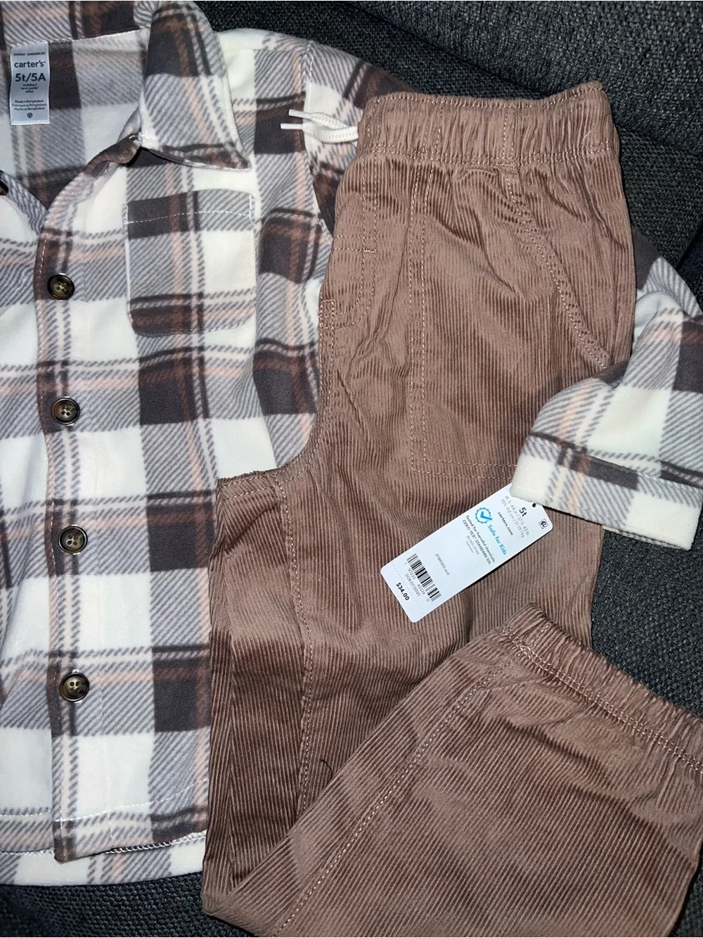 Carter's Brown and Cream Plaid Flannel Set with Brown Corduroy Pants